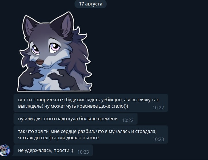📋 Telegram: аватар тёмного анимированного волка с синими глазами и белыми отметинами, 17 августа, переписка о внешнем виде и эмоциях.