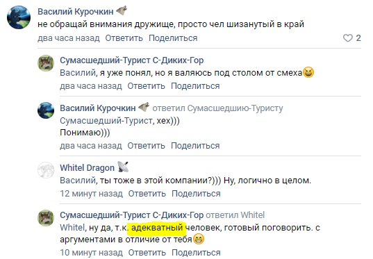 📋 ВКонтакте комментарии: «Василий Курочкин» — «не обращай внимания дружище, просто чел шизанутый в край» (2 лайка); «Сумасшедший-Турист» — «Василий, я уже понял, но я валяюсь под столом от смеха»; «Курочкин» — «хех))) Понимаю)))»; «Whitel Dragon» — «Василий, ты тоже в этой компании?))) Ну, логично в целом.»; «Сумасшедший-Турист» — «ну да т.к. адекватный человек, готовый поговорить. с аргументами в отличие от тебя»