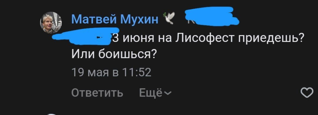 📋 Скриншот комментария, Матвей Мухин 🕊️: «[имя скрыто] 3 июня на Лисофест приедешь? Или боишься?» (19 мая в 11:52).