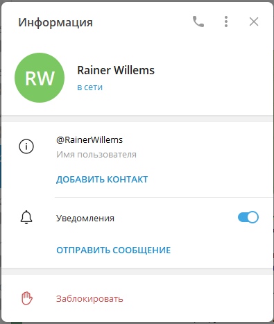 📋 Telegram, диалоговое окно «Информация»: Rainer Willems, @RainerWillems, статус «в сети»; кнопки «Добавить контакт», «Отправить сообщение», «Заблокировать».