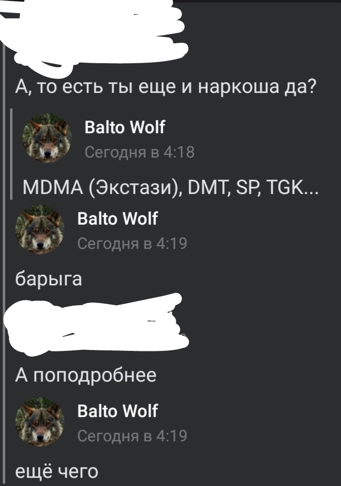 📋 Переписка ВКонтакте, тёмная тема, ~4:18–4:19: Balto Wolf, часть сообщений замазана белым; видимые реплики — «А, то есть ты еще и наркоша да?» — «MDMA (Экстази), DMT, SP, TGK...» — «барыга» — «А поподробнее» — «ещё чего».