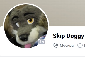 📋 Аватар ВКонтакте — Skip Doggy: круглая аватарка с фурсьютом серого волка (жёлтые глаза, открытый рот), Москва.