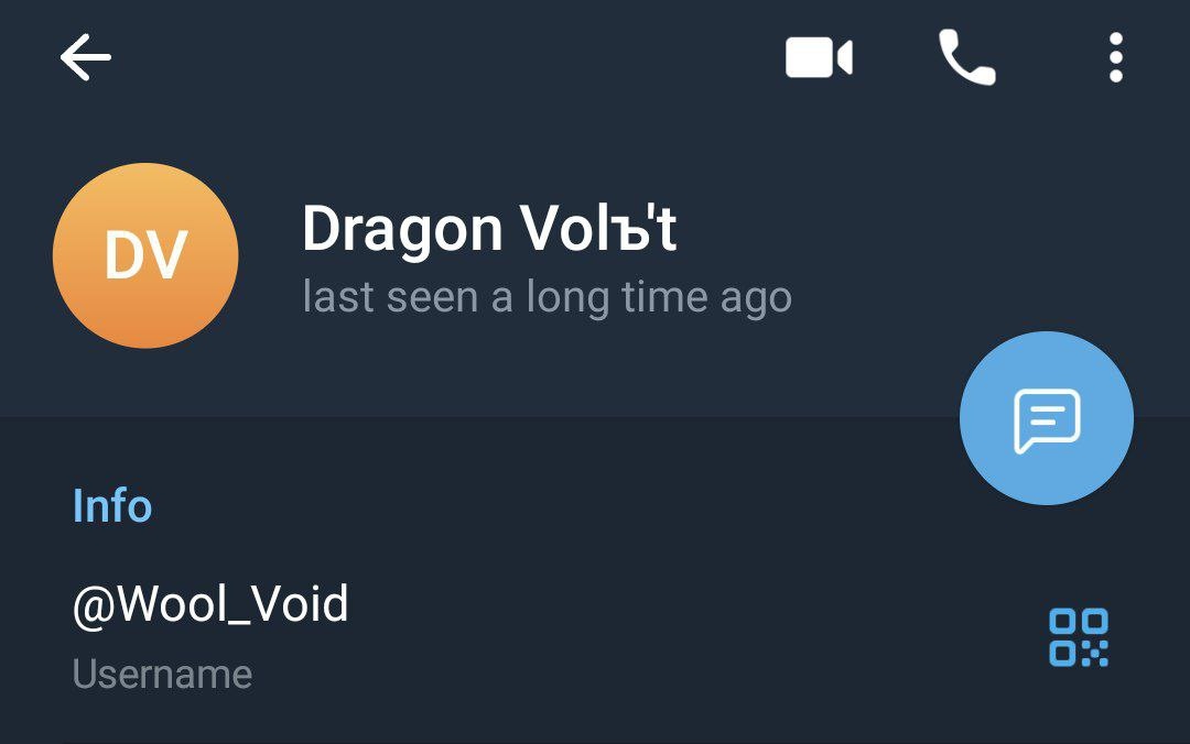 📋 Telegram — профиль «Dragon Volъ't» (last seen a long time ago); оранжевая аватарка с инициалами DV; @Wool_Void; Username.