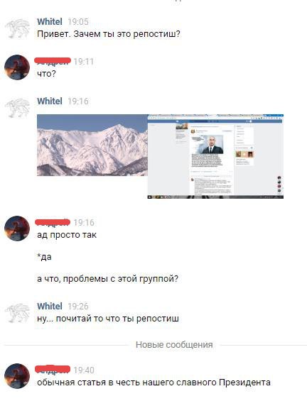 Скриншот переписки ВКонтакте (имена скрыты): Whitel 19:05 — «Привет. Зачем ты это репостишь?»; собеседник 19:11 — «что?»; Whitel 19:16 — картинка (снежные горы + скриншот страницы с Путиным); собеседник 19:16 — «ад просто так / *да / а что, проблемы с этой группой?»; Whitel 19:26 — «ну... почитай то что ты репостишь»; собеседник 19:40 — «обычная статья в честь нашего славного Президента»