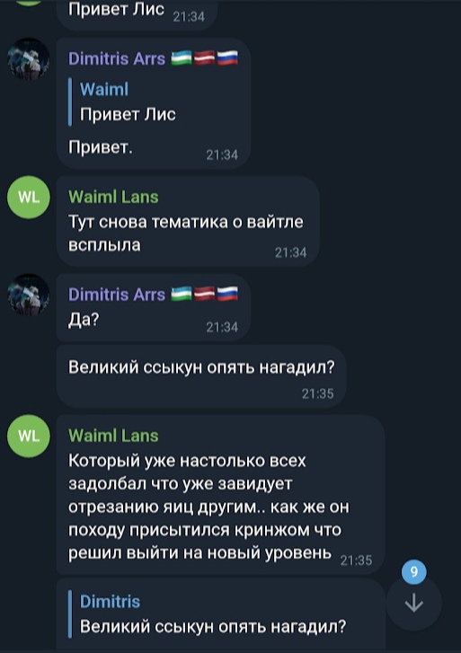 📋 Чат драконов: Dimitris Arrs и Waiml Lans, 21:34–21:35 — «Привет Лис», «Привет»; обсуждение конфликтной темы.