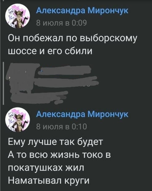 📋 ВКонтакте, переписка: Александра Мирончук (8 июля): «Он побежал по выборскому шоссе и его сбили»; 8 июля в 0:10 «Ему лучше так будет / А то всю жизнь токо в покатушках жил / Наматывал круги»; между сообщениями — замазанный контент.
