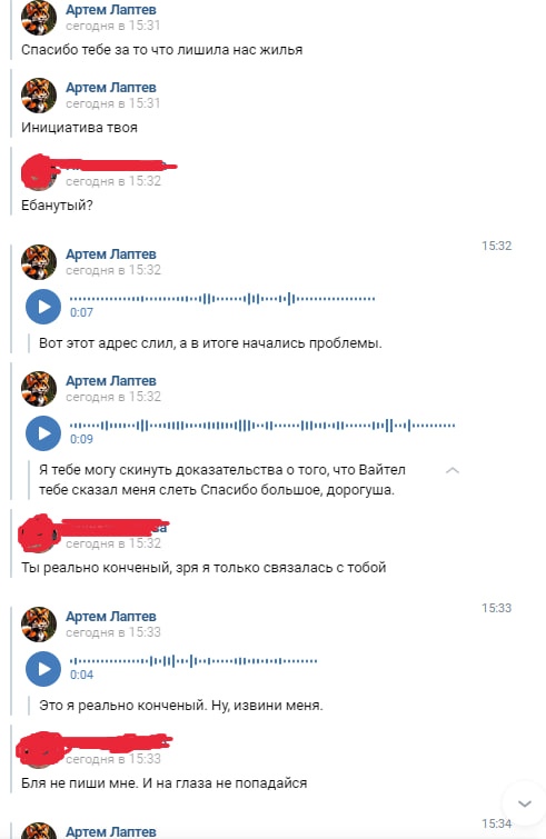 📋 Переписка «Артем Лаптев» с [закрашено]: «Спасибо тебе за то что лишила нас жилья».