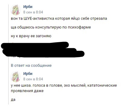 📋 ВКонтакте, переписка с Ирби, 8 сентября в 8:04: частично закрыто чёрными полосами — обсуждение психоза, голос в голове, активизм ШУЕ.