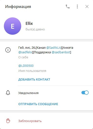 📋 Telegram, профиль Ellix (был(а) давно; @LD00500): «О себе: Гей, лис, 26. [Канал @SadikLis][Анкета @sadfelix][Поддержка @sadbanbot]»; кнопки «Добавить контакт», «Заблокировать».