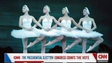 📋 Скриншот CNN: стрип «THE PRESIDENTIAL ELECTION: CONGRESS COUNTS THE VOTE» — на экране четыре балерины в белых пачках на сцене. Отсылка к трансляции «Лебединого озера» на российском ТВ во время важных событий.