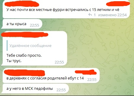 📋 Telegram чат (имена закрашены): «У нас почти все местные фурри встречались с 15 летним и чё» ← 1 изменено 22:54; «а ты крыса» 22:55; [Удалённое сообщение]: «Тебе слабо просто. Ты трус.» 22:55; «в деревнях с согласия родителей ебут с 14» 22:55; «а у него в МСК педофилы» 22:55.