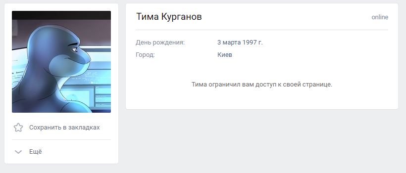 📋 ВКонтакте, профиль Тима Курганов: аватар — синий тюлень/морской котик в мульт-стиле; онлайн; д.р. 3 марта 1997 г.; г. Киев; «Тима ограничил вам доступ к своей странице.»