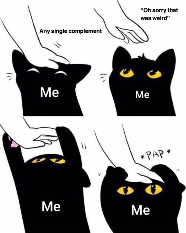 Мем из 4 кадров с нарисованным чёрным котом с жёлтыми глазами: 1) «Any single complement» — кот зажмуривается; 2) «Oh sorry that was weird» — кот с округлыми глазами; 3) кот кусает руку; 4) «*PAP*» — кот лапой отбивает руку
