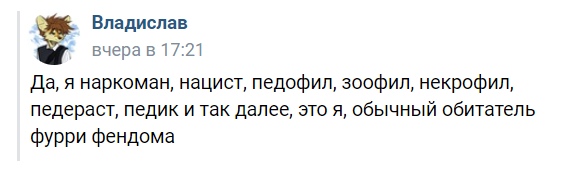 📋 ВКонтакте, комментарий «Владислав» (аватар: фурри-персонаж с ушами и бейджем), вчера в 17:21: «Да, я наркоман, нацист, педофил, зоофил, некрофил, педераст, педик и так далее, это я, обычный обитатель фурри фендома»