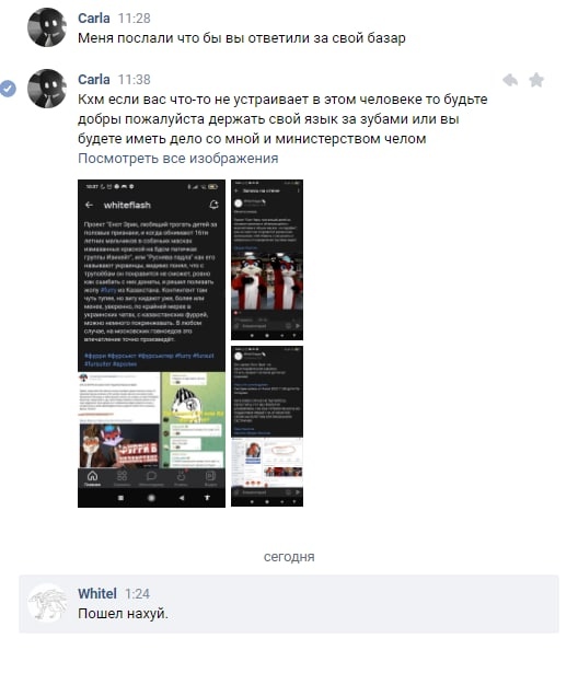 📋 Переписка ВКонтакте: Carla 11:28: «Меня послали чтобы вы ответили за свой базар»; Carla 11:38: «Кхм если вас что-то не устраивает в этом человеке то будьте добры держать свой язык за зубами или вы будете иметь дело со мной и министерством челом»; скрин поста whiteflash «Проект «Енот Эрик»...»; Whitel 1:24: «Пошел нахуй.»