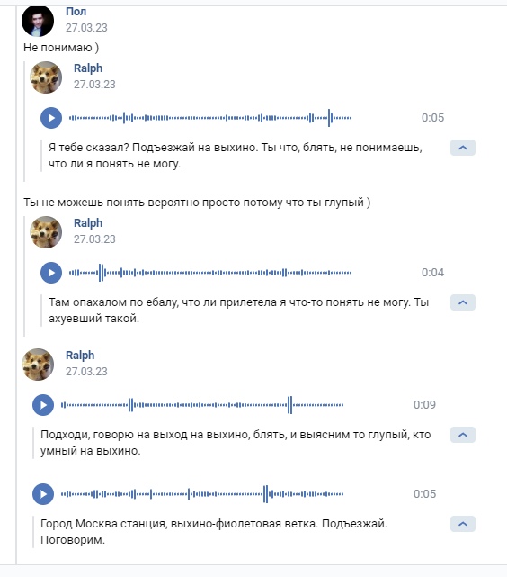 📋 ВКонтакте переписка (продолжение): Пол — «Не понимаю )»; Ralph — «Ты не можешь понять вероятно просто потому что ты глупый )»; аудио 0:09 «Подходи, говорю на выход на выхино, блять, и выясним того глупый, кто умный на выхино»; аудио 0:05 «Город Москва станция, выхино-фиолетовая ветка. Подъезжай. Поговорим».