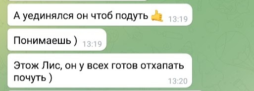 📋 Переписка Telegram, светлая тема, 13:19–13:20: три сообщения с вульгарными комментариями об участнике «Лис».