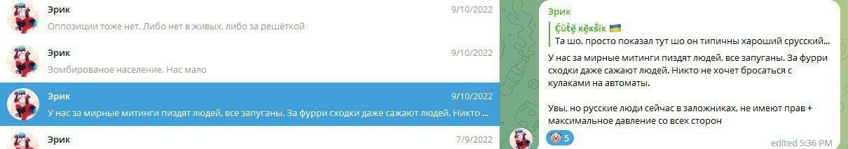📋 Telegram поиск «From Эрик»: «Эрик» (8/10/2022): «Оппозиции тоже нет. Либо не в живых, либо за решёткой. Зомбированое население. Нас мало»; «Эрик»: «У нас за мирные митинги пиздят людей... За фурри сходки даже сажают людей... русские люди сейчас в заложниках, не имеют прав».