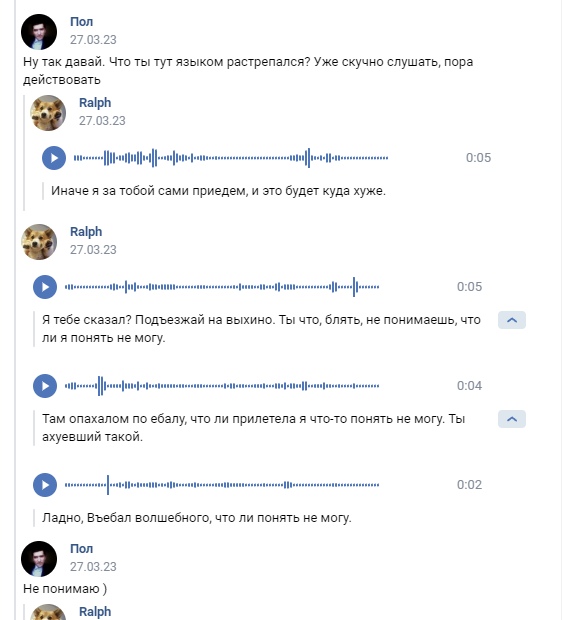📋 ВКонтакте переписка (продолжение): Пол — «Ну так давай. Что ты тут языком растрепался? Уже скучно слушать, пора действовать»; Ralph — аудио 0:05 «Иначе я за тобой сами приедем»; аудио 0:05 «Подъезжай на выхино. Ты что, блять, не понимаешь»; аудио 0:04 «Там опахалом по ебалу»; аудио 0:02 «Ладно, Въебал волшебного»; Пол — «Не понимаю )».