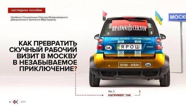 Фотошоп: синий Smart-car у знака «Москва» с украинским флагом и наклейками «Правий Сектор», «Слава Україні — Героям Слава!», номер «ЯРОШ», «Путін — Хуйло!»; заголовок: «Как превратить скучный рабочий визит в Москву в незабываемое приключение?»