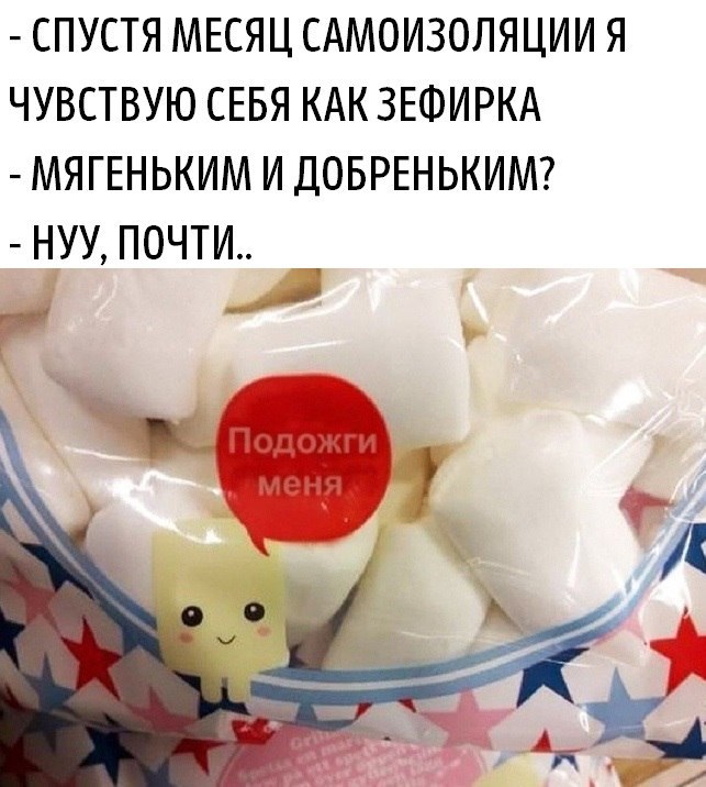 Мем: «- СПУСТЯ МЕСЯЦ САМОИЗОЛЯЦИИ Я ЧУВСТВУЮ СЕБЯ КАК ЗЕФИРКА / - МЯГЕНЬКИМ И ДОБРЕНЬКИМ? / - НУУ, ПОЧТИ..» + пакет белого зефира и жёлтая фигурка с красным кружком и надписью «Подожги меня»