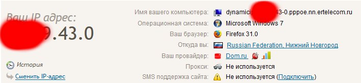 Скриншот 2ip.ru: IP-адрес (закрыт), имя компьютера ertelecom, Windows 7, Firefox 31.0, местоположение Нижний Новгород, провайдер Dom.ru