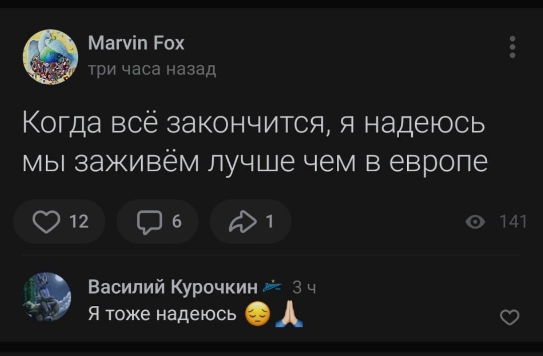 📋 ВКонтакте Marvin Fox (три часа назад): «Когда всё закончится, я надеюсь мы заживём лучше чем в европе» ♡12 💬6 ↗1 👁141; Василий Курочкин «Я тоже надеюсь 😔🙏» 3 ч.