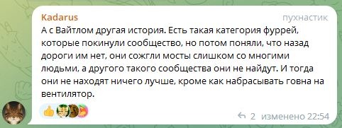 📋 Telegram Kadarus: «А с Вайтлом другая история. Есть такая категория фуррей, которые покинули сообщество, но потом поняли, что назад дороги им нет, они сожгли мосты слишком со многими людьми, а другого такого сообщества они не найдут. И тогда они не находят ничего лучше, кроме как набрасывать говна на вентилятор.» 2 👍 изменено 22:54