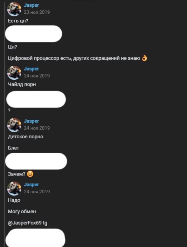 📋 Telegram переписка Jasper (23-24 ноя 2019): «Есть цп?» — «Цп?» — «Цифровой процессор есть, других сокращений не знаю 👌» — Jasper: «Чайлд порн» — «?» — Jasper: «Детское порно» — «Блет» — «Зачем? 😄» — Jasper: «Надо» — «Могу обмен» — «@JasperFox69 tg» — (закрашено белым). Имена собеседников закрашены белым.