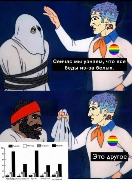🖼️ Мем-комикс (два кадра): верх — персонаж со значком радуги говорит «Сейчас мы узнаем, что все беды из-за белых.»; низ — диаграмма «Aaian / White / Indian / Black» по категориям «Убийства / Изнасилования / Кражи / Нападения / Угон автомобилей», ответ персонажа «Это другое»
