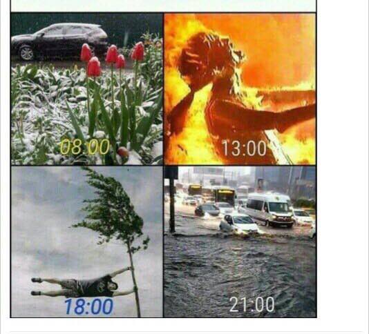 Мем-коллаж из 4 фото о погоде в течение дня: «08:00» — тюльпаны под снегом, машины занесены снегом (внезапная весенняя метель); «13:00» — силуэт человека в объятом пламенем пространстве (экстремальная жара); «18:00» — ветер сгибает дерево и сдувает человека горизонтально; «21:00» — городская улица затоплена, машины едут по воде, люди идут вброд