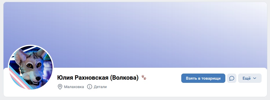 📋 ВКонтакте, профиль «Юлия Рахновская (Волкова) 🐾»: город Малаховка; аватарка — фурсьютная голова серо-белого волка с голубыми глазами на синевато-белом фоне; кнопки «Взять в товарищи», «Сообщение», «Ещё».
