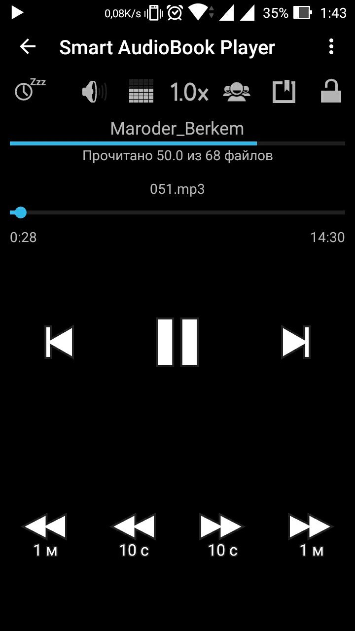 Скриншот приложения Smart AudioBook Player (0.08K/s, 35%, 1:43): книга «Maroder_Berkem»; «Прочитано 50.0 из 68 файлов»; текущий файл «051.mp3»; прогресс 0:28 из 14:30; скорость 1.0×; кнопки управления: назад/пауза/вперёд, -1м/-10с/+10с/+1м