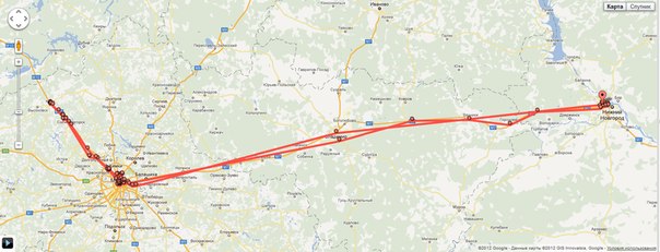 Скриншот Google Maps — маршрут Москва — Нижний Новгород