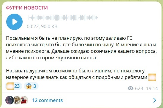 📋 Telegram «ФУРРИ НОВОСТИ»: аудиосообщение (00:22, 90.0 КВ); текст: «Посыльным я быть не планирую, по этому заливаю ГС психолога чисто что бы все было чин по чину. И мнение люца и мнение психолога. Называть дурачком возможно было лишним, но психологу наверное лучше знать как общаться с подобными ребятами 🍊»; 23 🔥, 3 😨; 623 просмотра, 19:14.