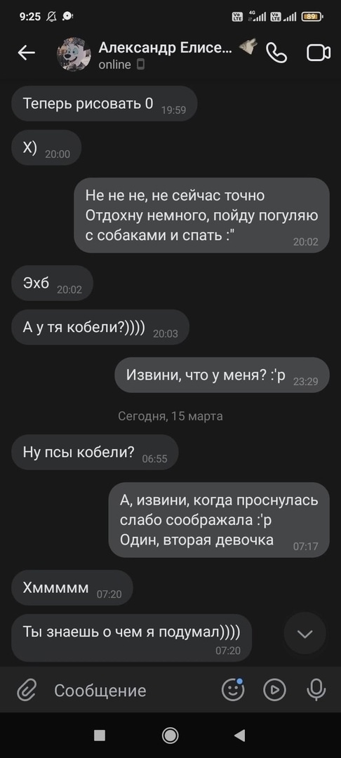 📋 Переписка (мессенджер, 9:25): «Александр Елисе... (online)» — «А у тя кобели?))))»; (15 марта) «Ну псы кобели?»; «А, извини, когда проснулась слабо соображала :'р. Один, вторая девочка»; «Хмммммм»; «Ты знаешь о чем я подумал))))».